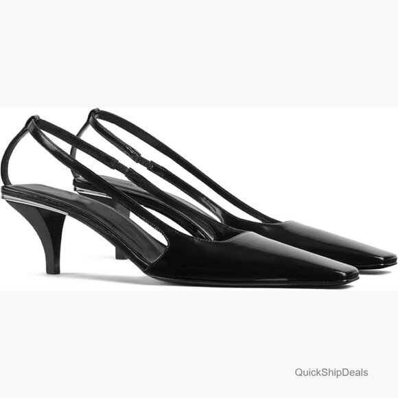 Slingback Heels Closed Square Toe Kitten Heel Pumps Elastic Ankle Strappy